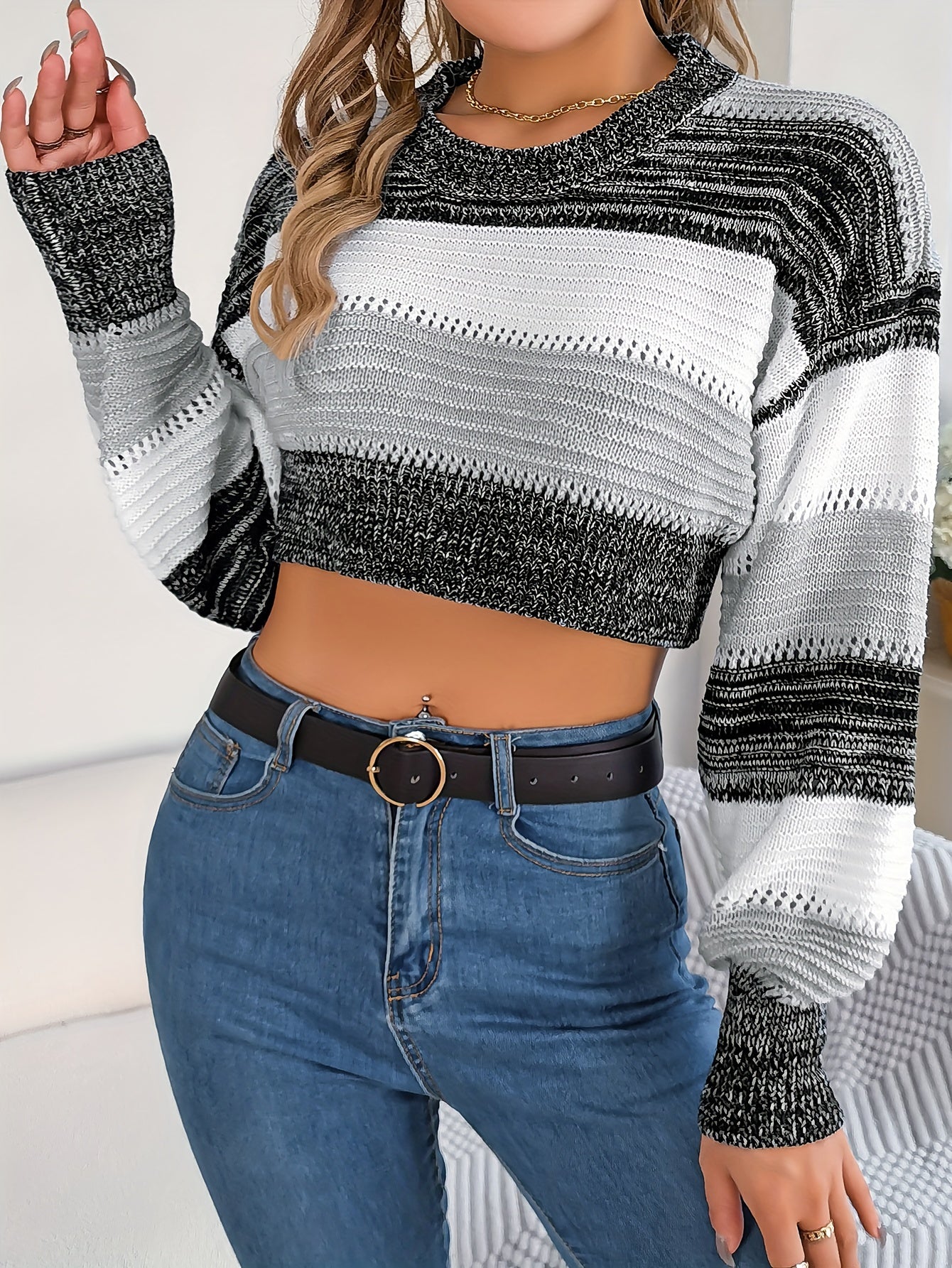 Color Block Striped Crop Sweater - Casual Acrylic Knit, Lantern Sleeves, Round Neck, Medium Stretch, Hollow-Out Detail, Perfect for Layering