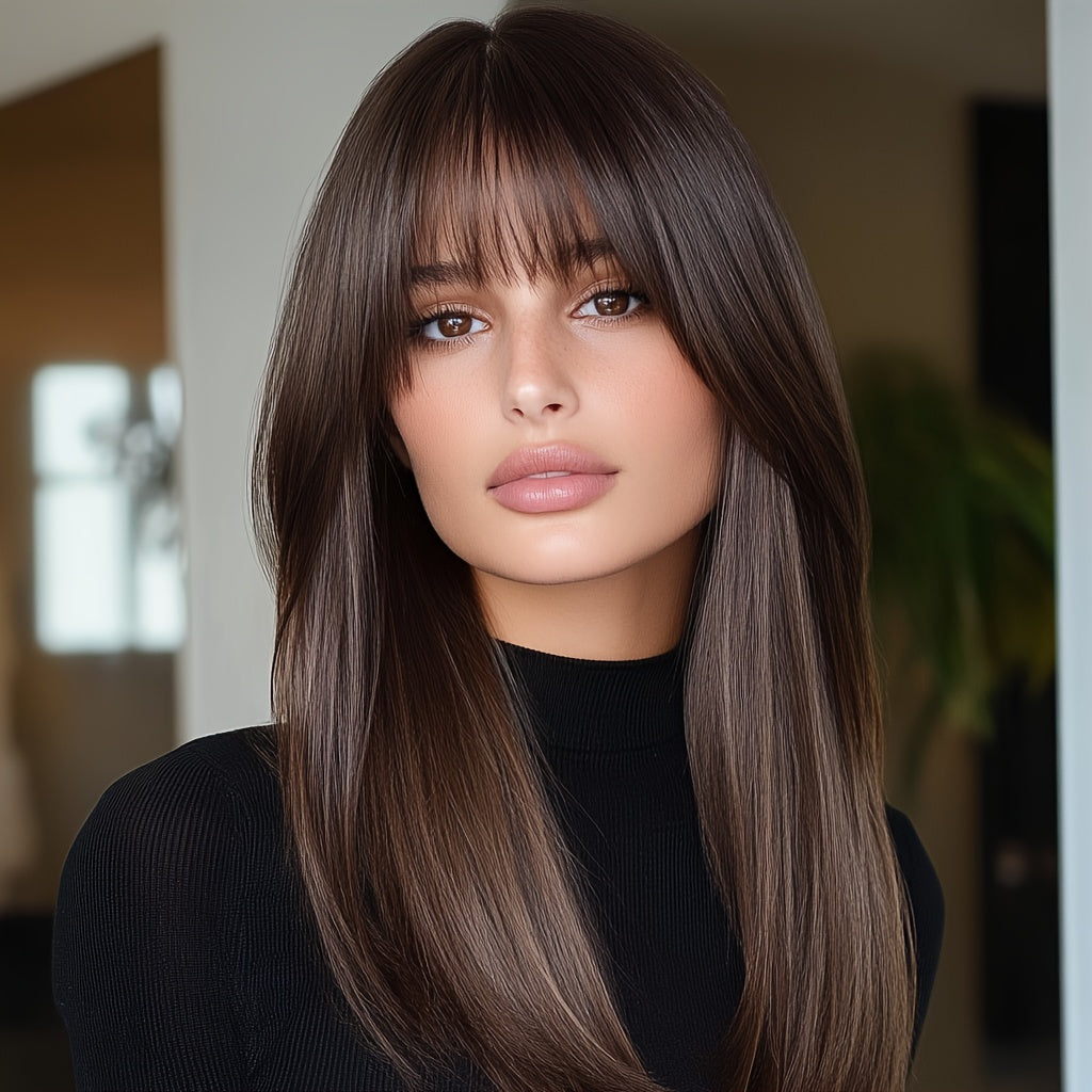 Long Natural Straight Dark Brown Wig, Blunt Bangs, Synthetic Fibers, Perfect For Daily Wear, Rose Net, 24 Inch