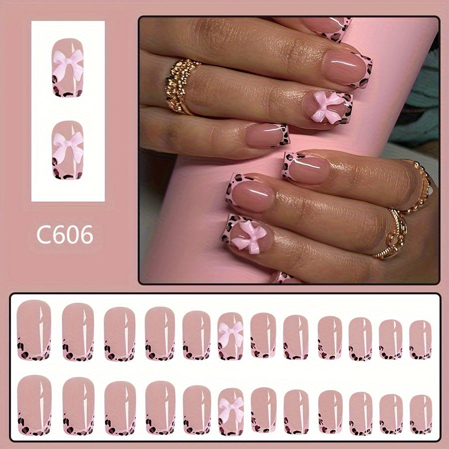 24pcs Short Bright Pink Leopard Print Contrast Color Bow Wearable Nail False Nails