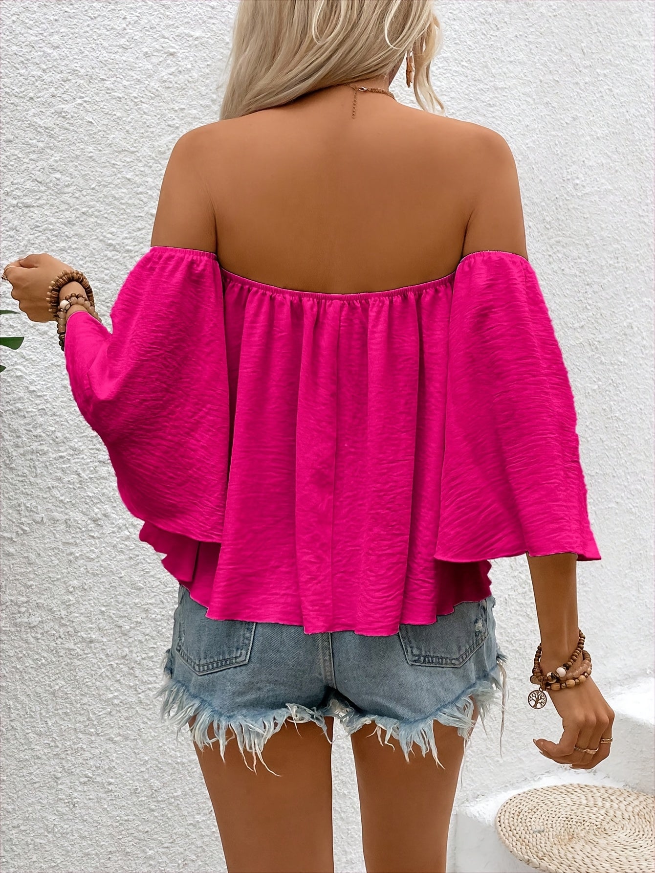 Elegant Off-Shoulder Women’s Blouse - White, Ruffled Bell Sleeves, Cinched Waist, Non-Sheer Polyester, Summer Chic Top for Adults, Ladies Blouses