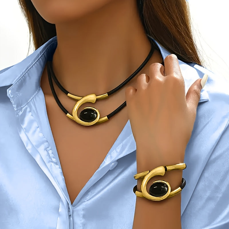 2pcs Women's Boho Black Braided Rope Jewelry Set – Double Row Imitation PU Necklace & Spiral Resin Bracelet – Tribal Style Metal Pipe Design for Parties, Daily & Holiday Wear