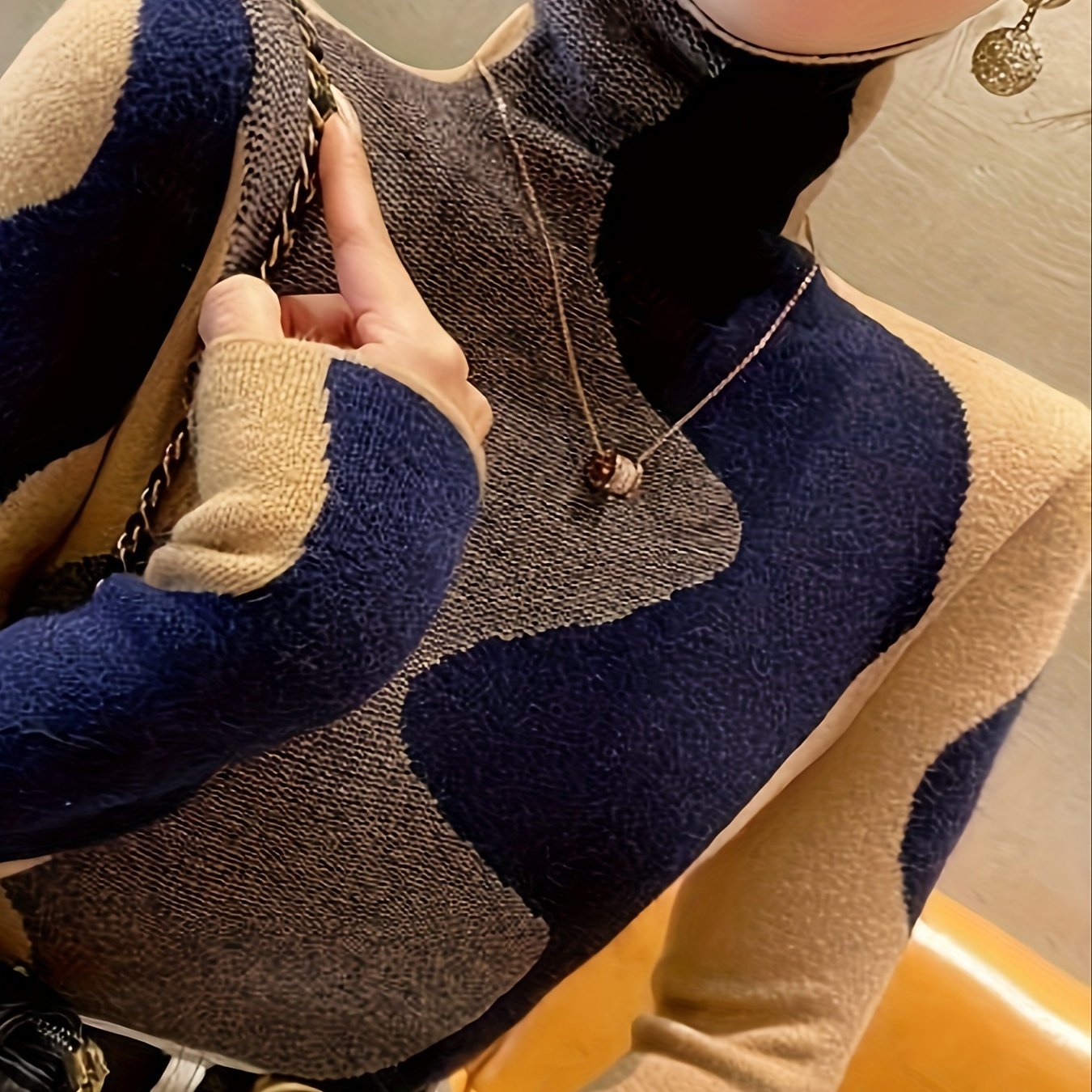 Elegant Turtleneck Sweater for Women - Chic Geometric Pattern, Soft Knit Blend, Perfect for Fall/Winter, Machine Washable