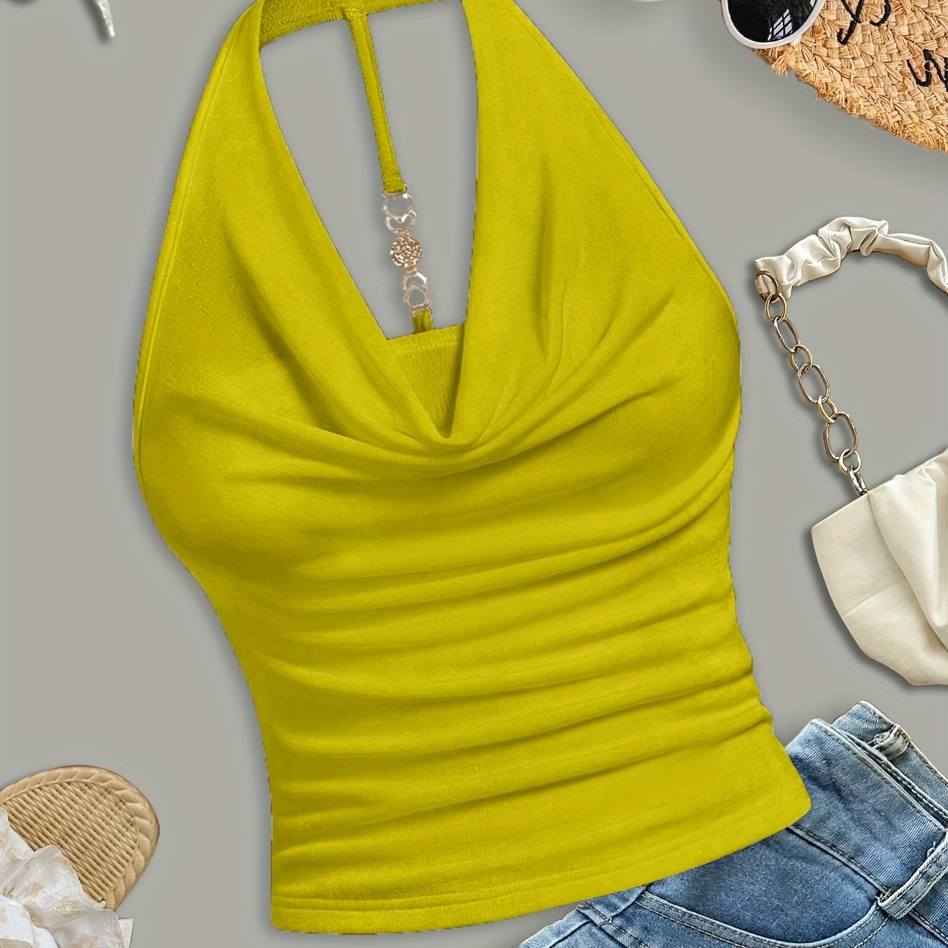 Women's Sexy Halter Neck Sleeveless Top - Semi-Sheer Stretchy Slim Fit Backless Shirt, Vibrant Yellow Solid Color, Machine Washable for Casual & Evening Outfits, Evening Wear, Backless Design, Sensual Apparel, Semitransparent