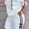 Plaid Print Splicing Two-piece Set, Faith Print Short Sleeve Tops & Pocket Workout Shorts Outfits, Women's Clothing