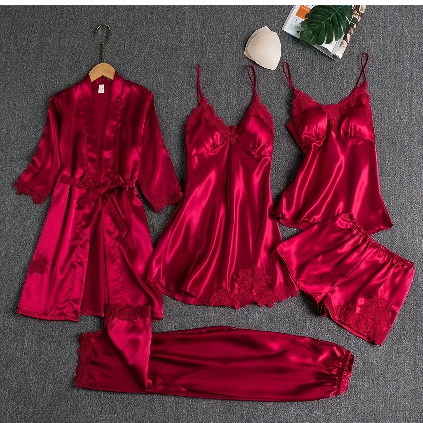 5pcs Women's Satin Sleepwear Set with Appliques, Long Pants and Shorts, Sexy Mature Elegant Lingerie, Lace Camisole Plus Size Nightgown Jumpsuit Loungewear