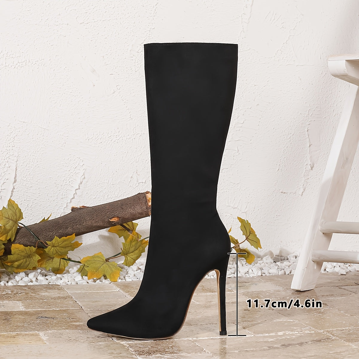 1pr Elegant Solid Color All-Season Comfort Boots - Women'S Knee-High Flannel Zipper Boots with Pointed Toe, Stiletto Heel, Fabric Insole & Rubber Sole - For Women - Suitable for Fall/Winter - Perfect for Parties & Casual Occa
