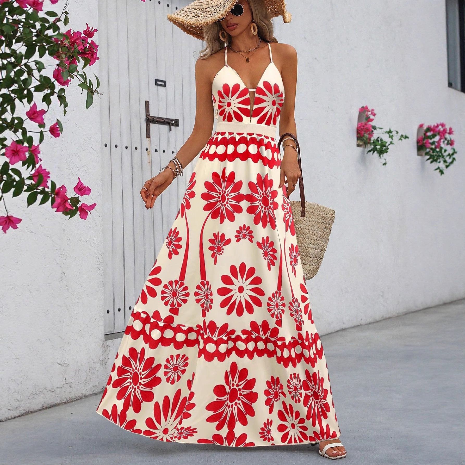 Printed Strap Maxi Dress With A Vacation-ready Open-back Design