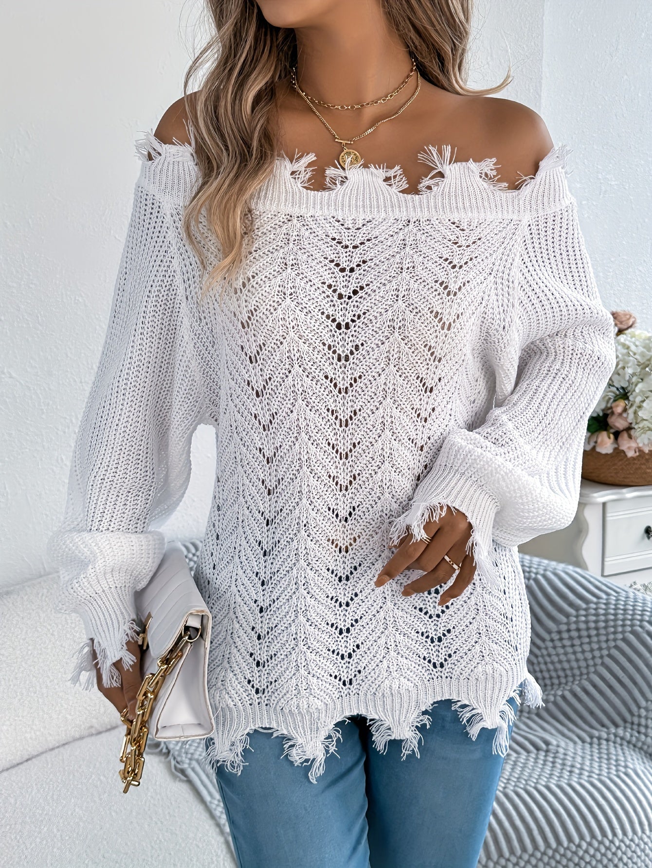 For Fall & Winter, Long Sleeve Solid Color Off Shoulder Casual Sweater, Women's Clothing