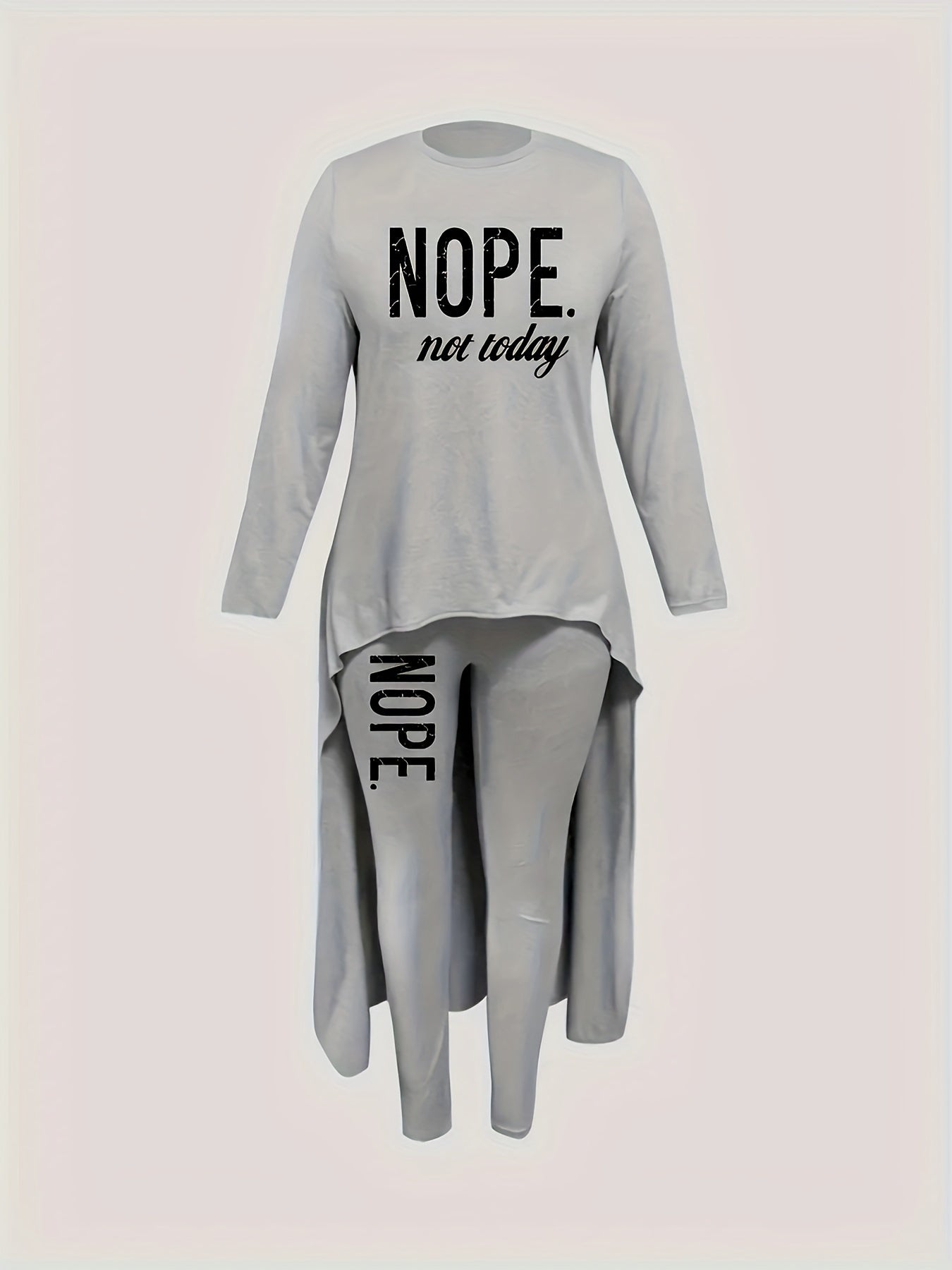 Chic Nope Casual Two-piece Outfit Set - Fashionable Letter Print Top with Trendy Dipped Hem & Slim-fit Pants - Comfortable Long Sleeve Womens Clothing for Stylish Everyday Wear