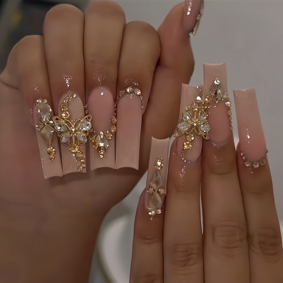 Super Long Square Shape Nude Nail Tips with Glitter Finish and 3D Butterfly Diamond Accents - 24pcs Glossy Fake Nails Set with Nail File and Tape for Women and Girls