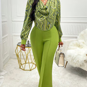 Elegant Women's Fashion Two-Piece Set: Chic Cowl Neck Top & High-Waist Pants - Polyester, Machine Washable - Perfect for Spring/Fall - For Women - Suitable for Casual Occasions - Great Gift for Fashionistas