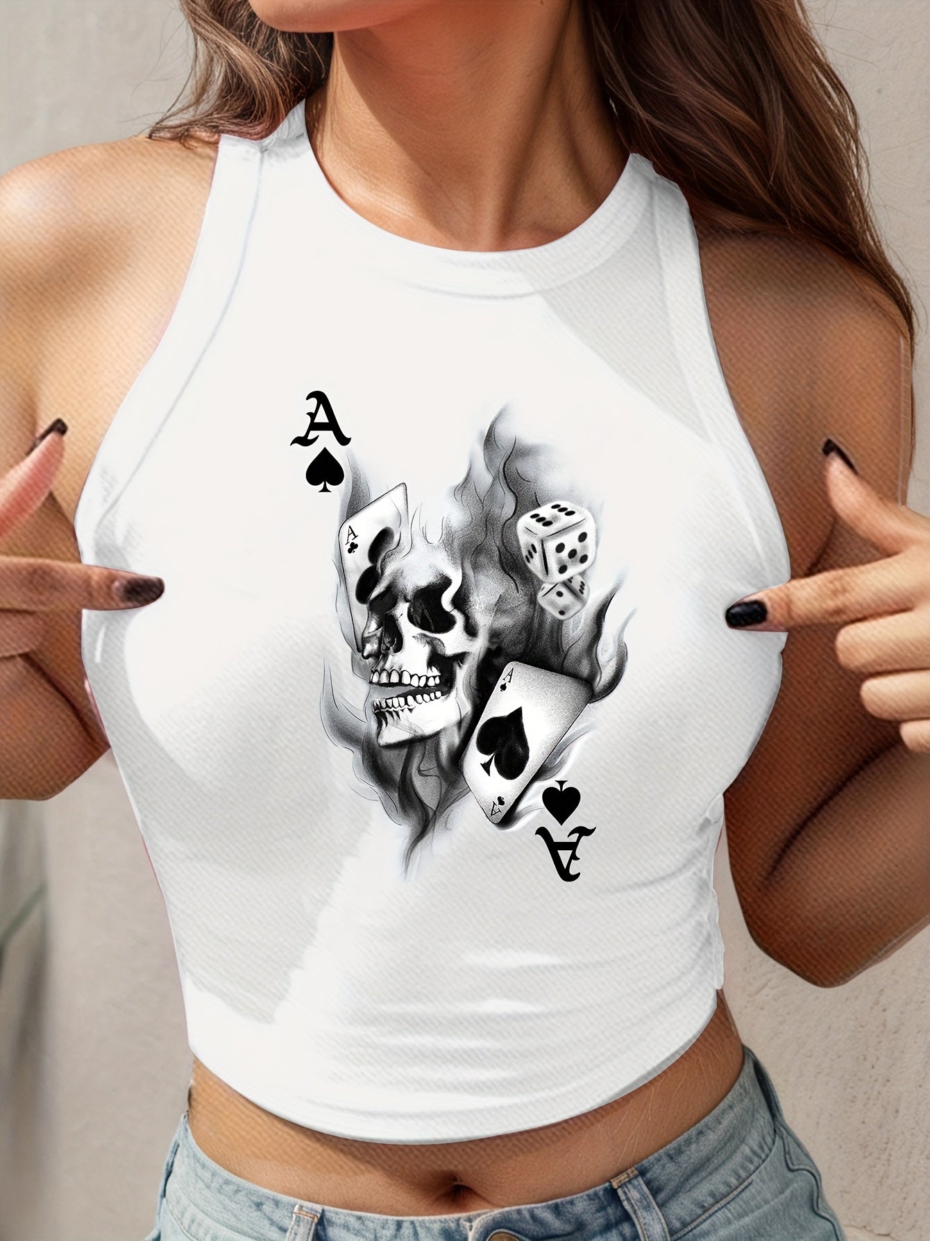 Women'S "The Gangsta" Graphic Crop Top Tank Top - Sleeveless, Light Blue with Money & Handshake Design, Casual Summer Tee for Adults, Casual Attire | Playful Print | Polyester Blen