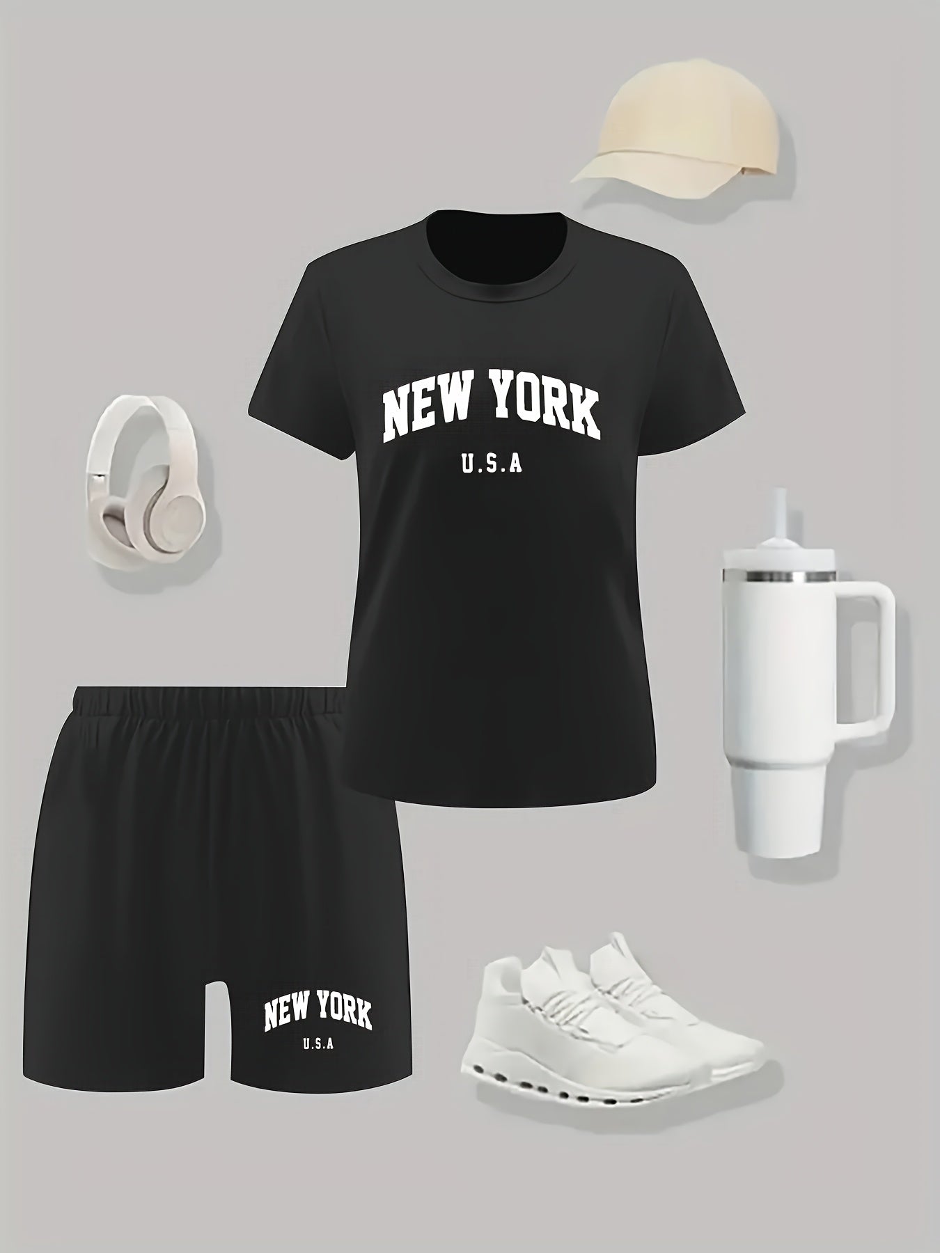 Polyester Lash Sets Crew Neck Short Sleeve Printed Sports Pants Set, for Women