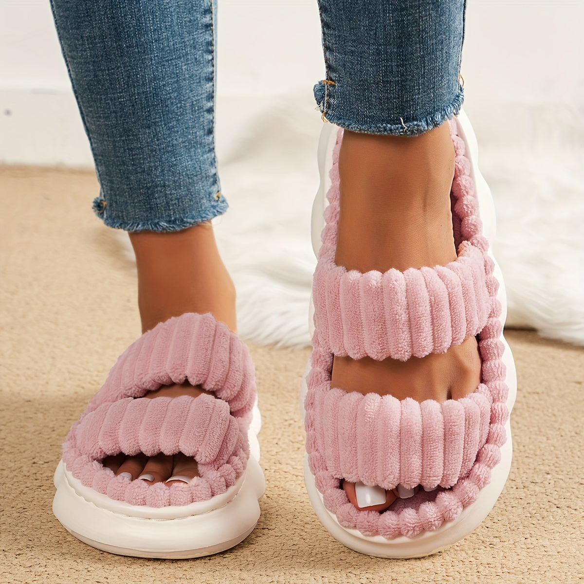 Two Bands Women's Plush Open Toe Platform Slippers, Soft Sole Fuzzy Comfortable Indoor Floor Shoes