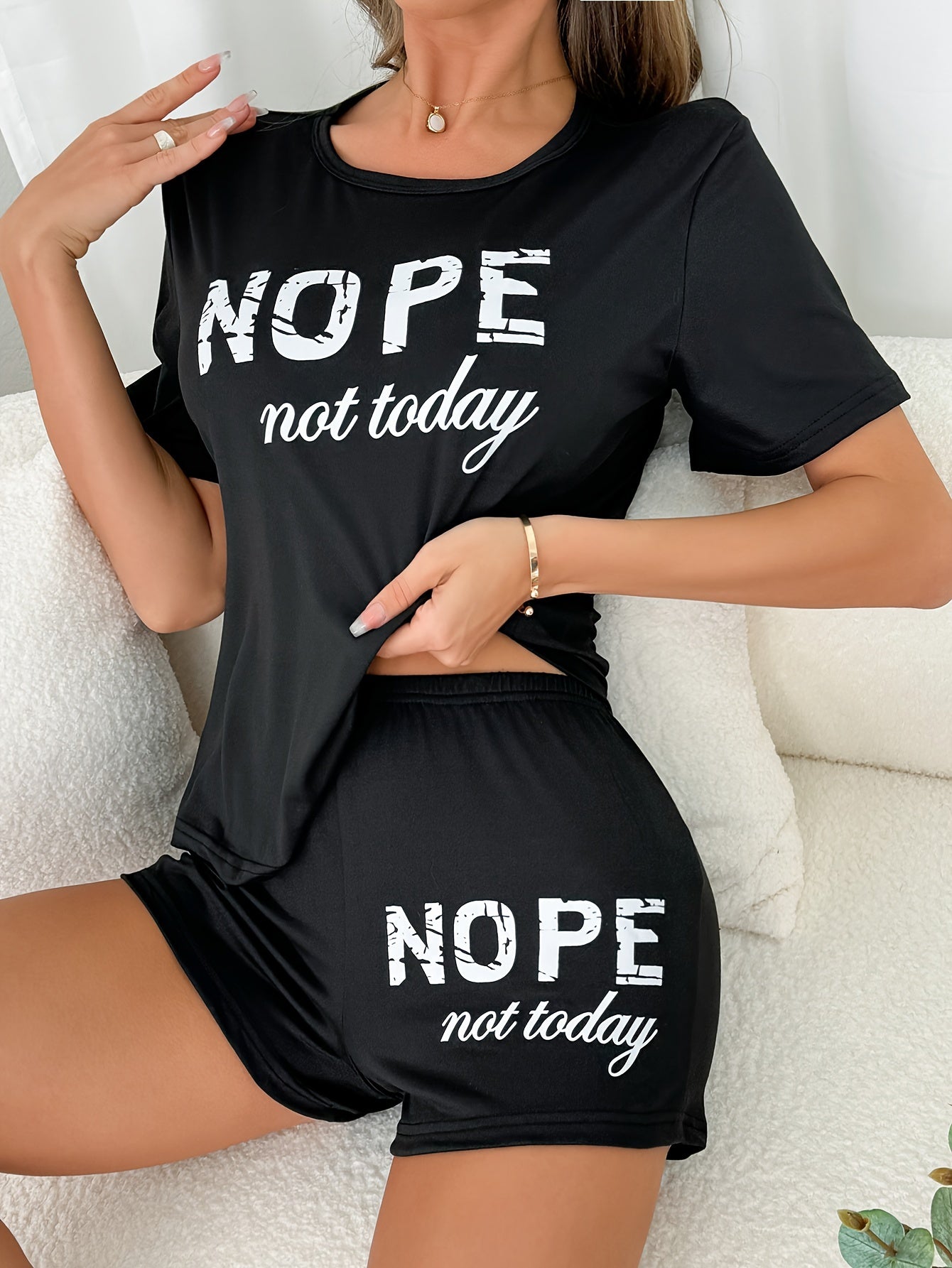[One Set Comfortable Pajama Outfit] Women's Casual "NOPE not today" Print Short Sleeve T-Shirt and Shorts Pajama Set, Comfortable Loungewear, Sleepwear Outfit