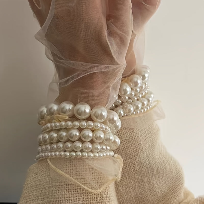 5pcs Elegant French-Inspired Acrylic Faux Pearl Bracelet Set - Vintage Chic Multi-Layer Beaded Stacking Wrist Jewelry, Ideal for Daily Wear & Gifting