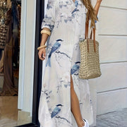 Women'S Floral Print Long Sleeve Maxi Dress with Lapel Collar and Side Pocket, Polyester Vacation Shirt Dress, Animal Pattern, Woven Fabric, for Spring/Fall