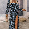 Floral Print Ruffle Hem Dress, Elegant Square Neck Long Sleeve Split Dress For Spring & Fall, Women's Clothing