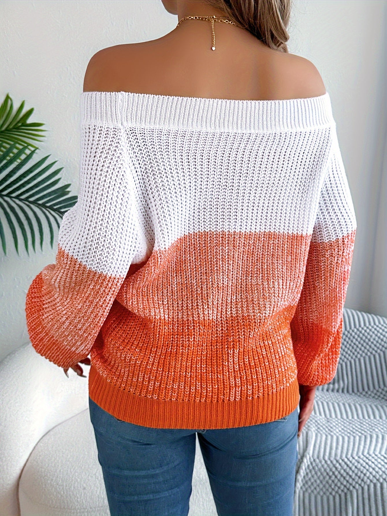 Elegant Off-Shoulder Striped Sweater - Casual Lantern Long Sleeve, Acrylic Knit for Women - Perfect for Fall/Winter - Cozy & Stylish - Ideal Gift for Fashionable Women