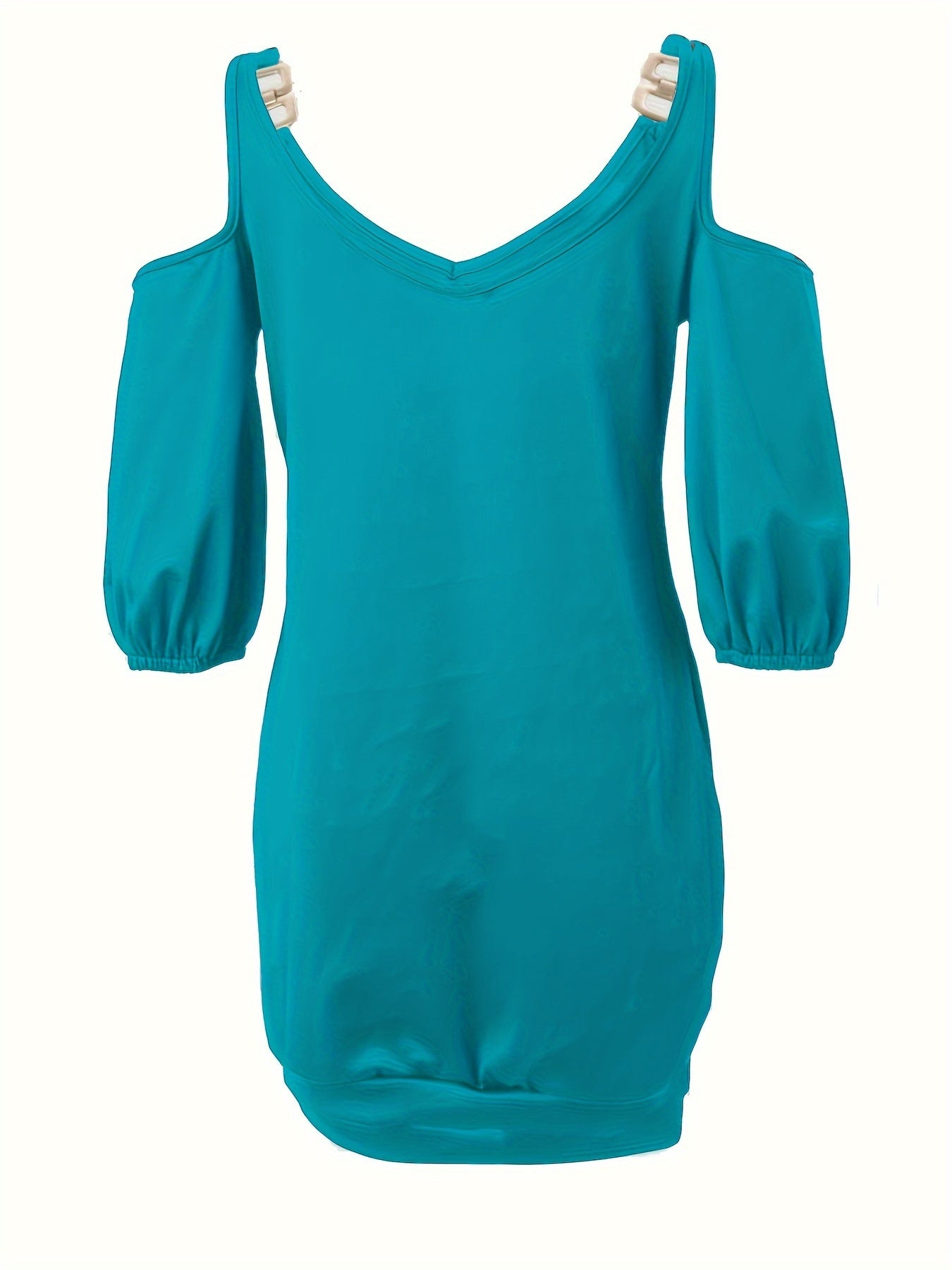 Plus Size Women's Casual Cold Shoulder Dress - V-Neck with Metal Chain Detail, Teal Blue, Sleeve, Relaxed Fit for Summer, Nontransparent Fabric