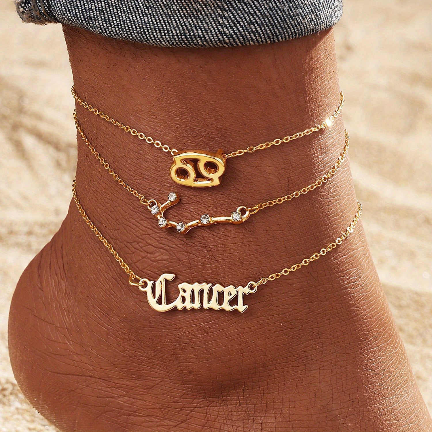 Alloy Inlaid Rhinestone Women'S Zodiac Ankle Chain, Spring And Summer, 3pcs of Beach Barefoot Accessories, Suitable for Vacations, Parties, Dates, Music Festivals