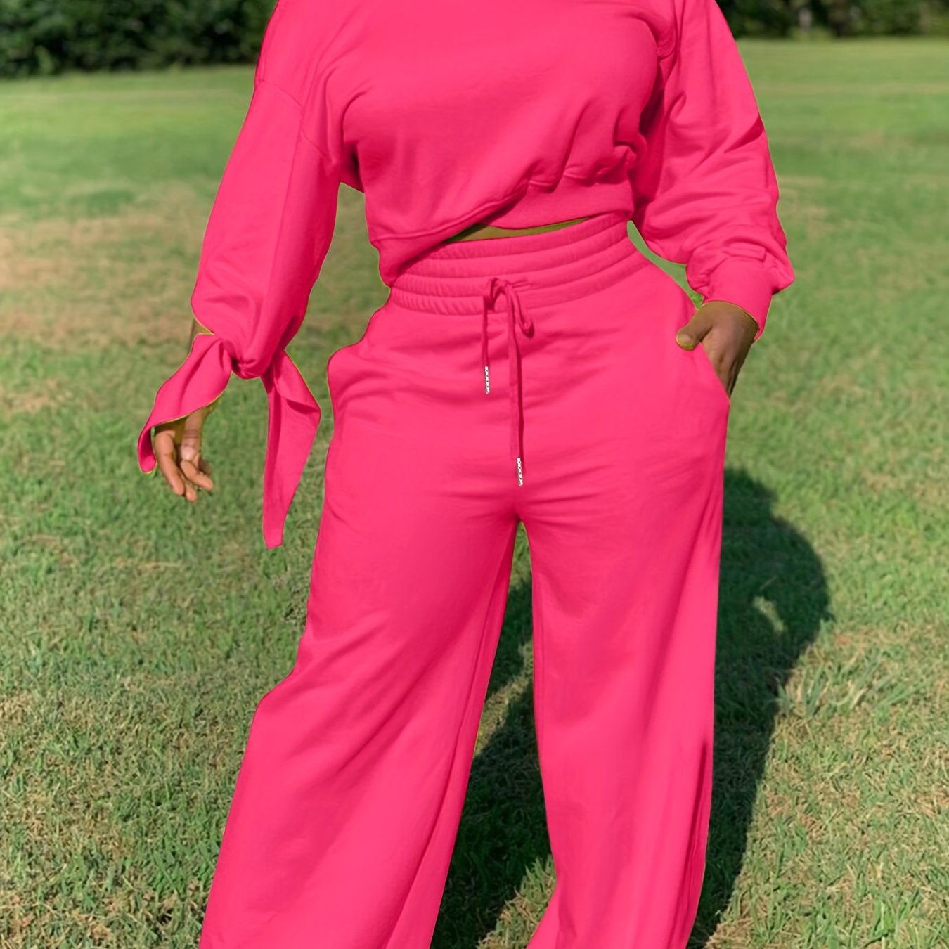 Solid Casual Two-piece Set, Slanted Shoulder Long Sleeve Tops & Drawstring Pants Outfits, Women's Clothing