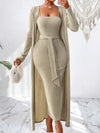 Women's Casual and Elegant Two-piece Set with Hollowed-out Ribbed Solid Color Thin Shoulder Strap Halter Dress and Jacket with Side Waist Tie