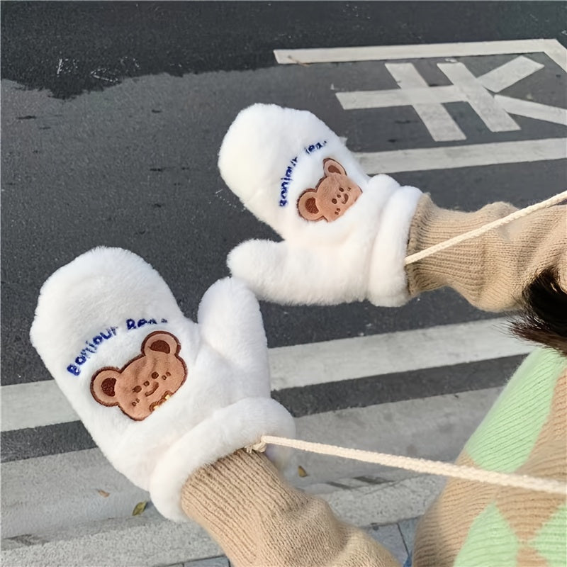 Cozycraft, Cozy Fleece-Lined Winter Gloves with Cute Bear Design - Windproof, Warm Mittens for Outdoor Activities, Non-Slip Touchscreen Compatible, Winter Accessories