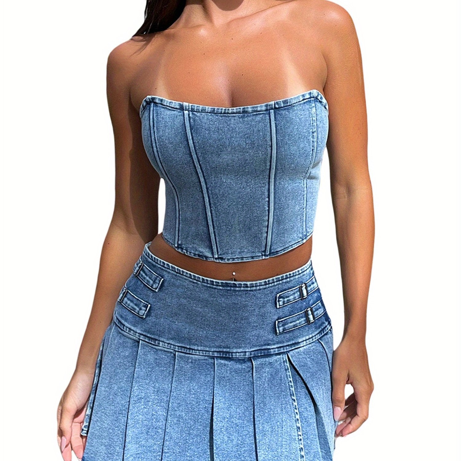 2pcs Women's Summer Outfit Sets - Sleeveless Off Shoulder Bandeau Top + Pleated Denim Skirt, Cute Spring/Summer Polyester Outfit, Machine Washable, Lightweight & Comfortable
