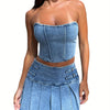 Womens Summer 2pcs Outfit Sets Sleeveless Off Shoulder Bandeau + Pleated Denim Skirt