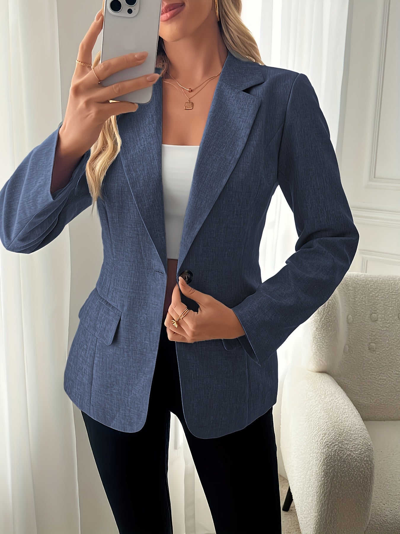 Women'S Elegant Lightweight Polyester Blazer - Casual Chic Spring/Fall Jacket with Button Details, Regular Fit, Long Sleeves, and Minimalist Design