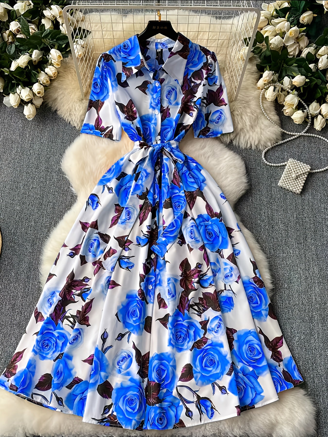 Elegant Women'S Floral Print Dress with Short Sleeves, Lapel Collar, and Cinched Waist - Romantic Rose Design, Perfect for Spring Outings, Garden Parties, and Casual Events, Garden Party Dress | Floral Print Dress | Stylish D