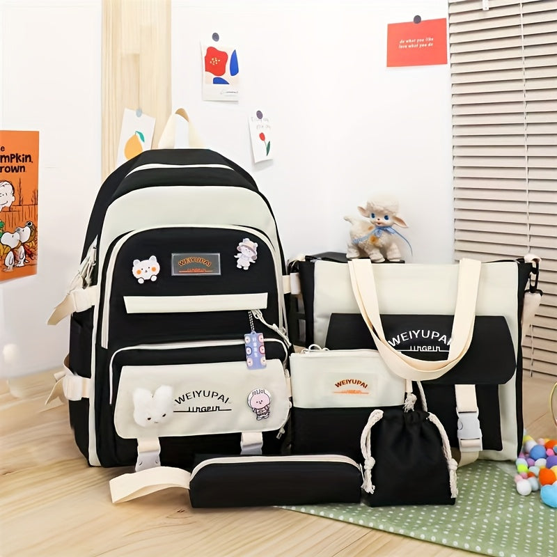 5pcs High School Junior High School Student Mori Department Backpack Girl Color Contrast Cute Large Capacity Backpack Anti-school Season Schoolbag