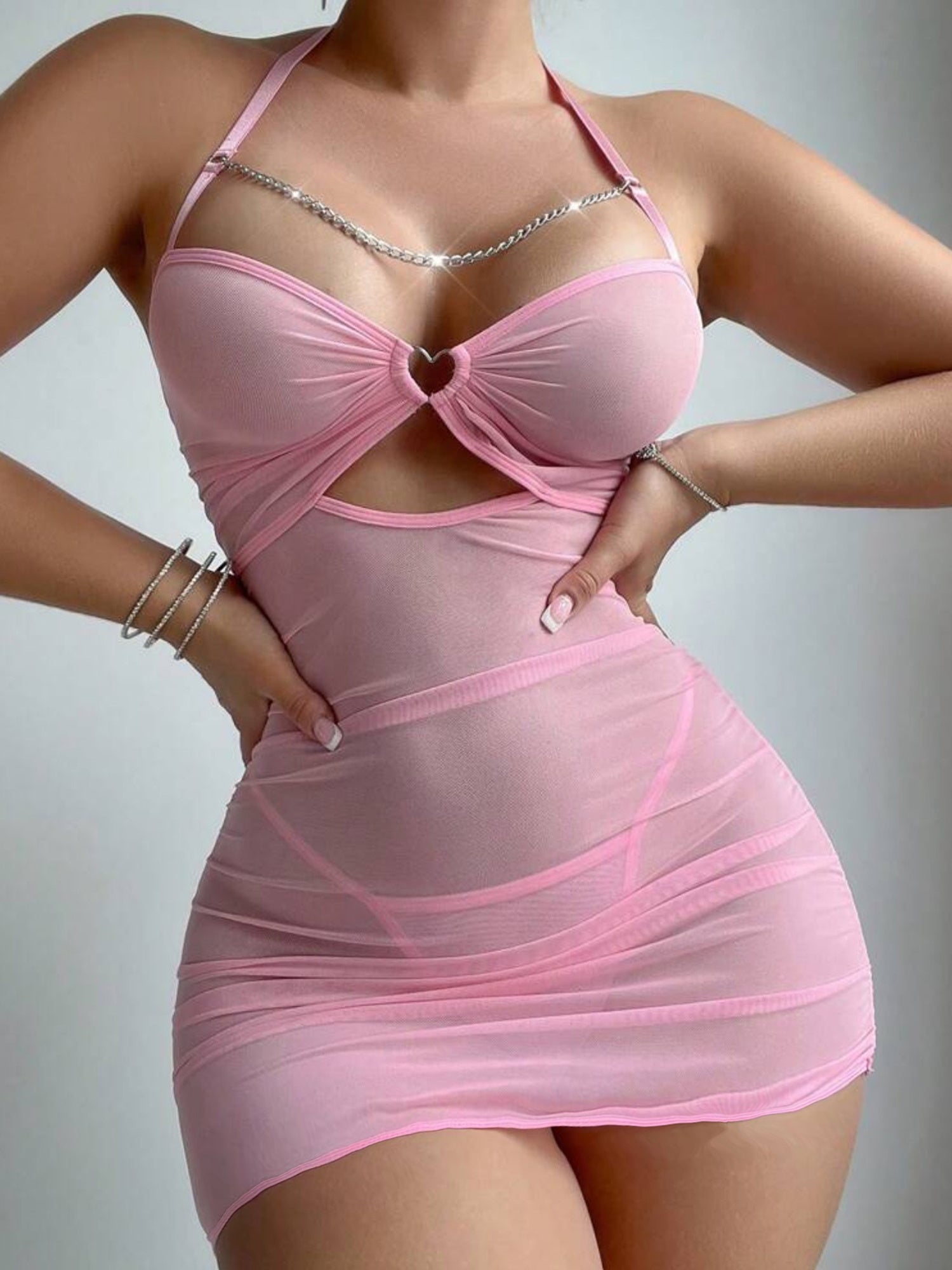 Womens Lingerie Set See Through Ring Chain Halter Neck Mesh Lingerie Dress G-String Thongs 2pcs Set