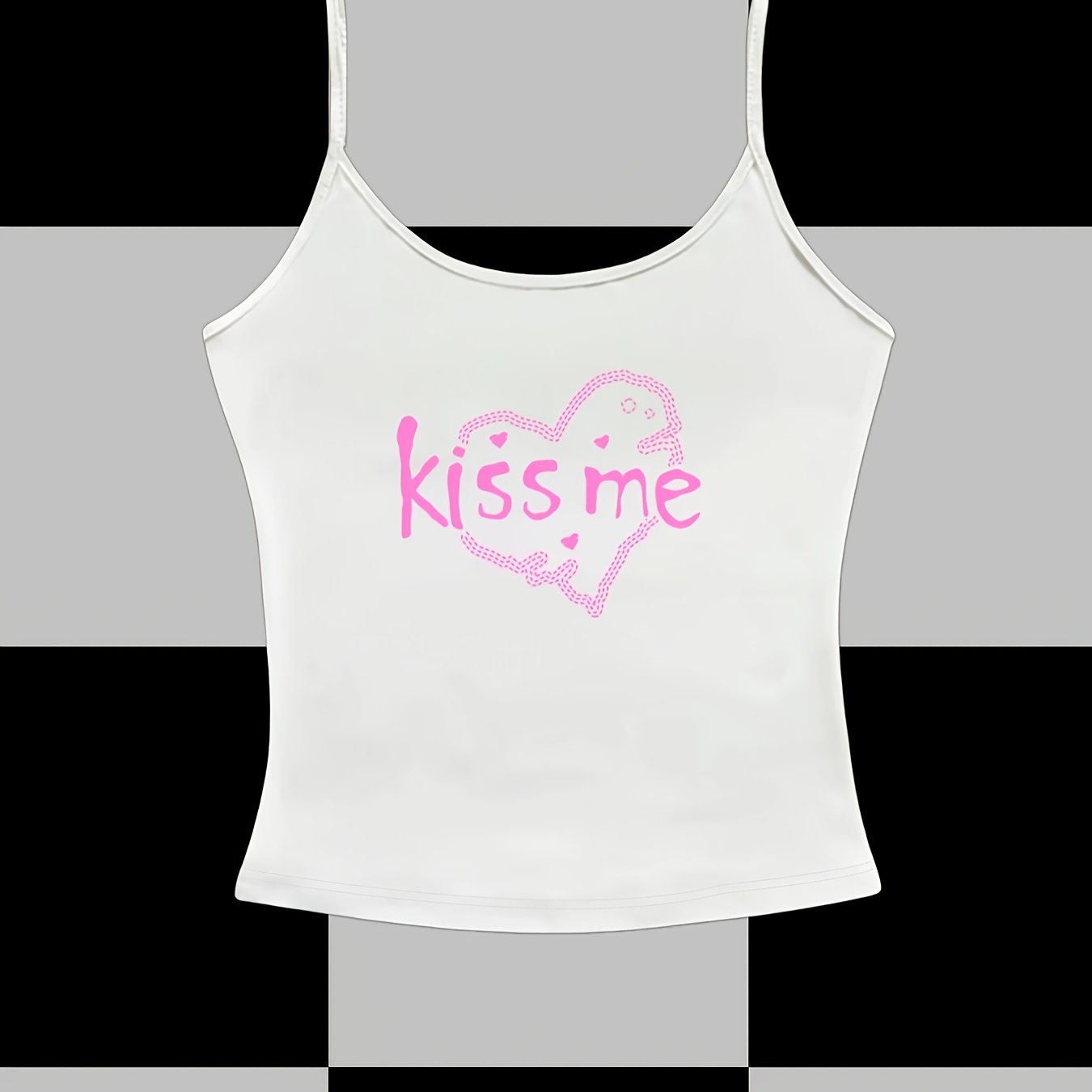 Kiss Me Y2K Graphic Print Halter Neck Slim-Fit Vest - White with Pink Lettering & Heart Design, Semi-Sheer Stretchy Machine-Washable Summer Casual Top, Casual Attire, Playful Design, Stretchy Fabric