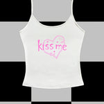 Kiss Me Y2K Graphic Print Halter Neck Slim-Fit Vest - White with Pink Lettering & Heart Design, Semi-Sheer Stretchy Machine-Washable Summer Casual Top, Casual Attire, Playful Design, Stretchy Fabric