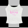 Kiss Me Y2K Graphic Print Halter Neck Slim-Fit Vest - White with Pink Lettering & Heart Design, Semi-Sheer Stretchy Machine-Washable Summer Casual Top, Casual Attire, Playful Design, Stretchy Fabric