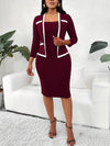 2 In 1 Contrast Trim Dress, Elegant Bodycon Long Sleeve Dress For Office & Work, Women's Clothing