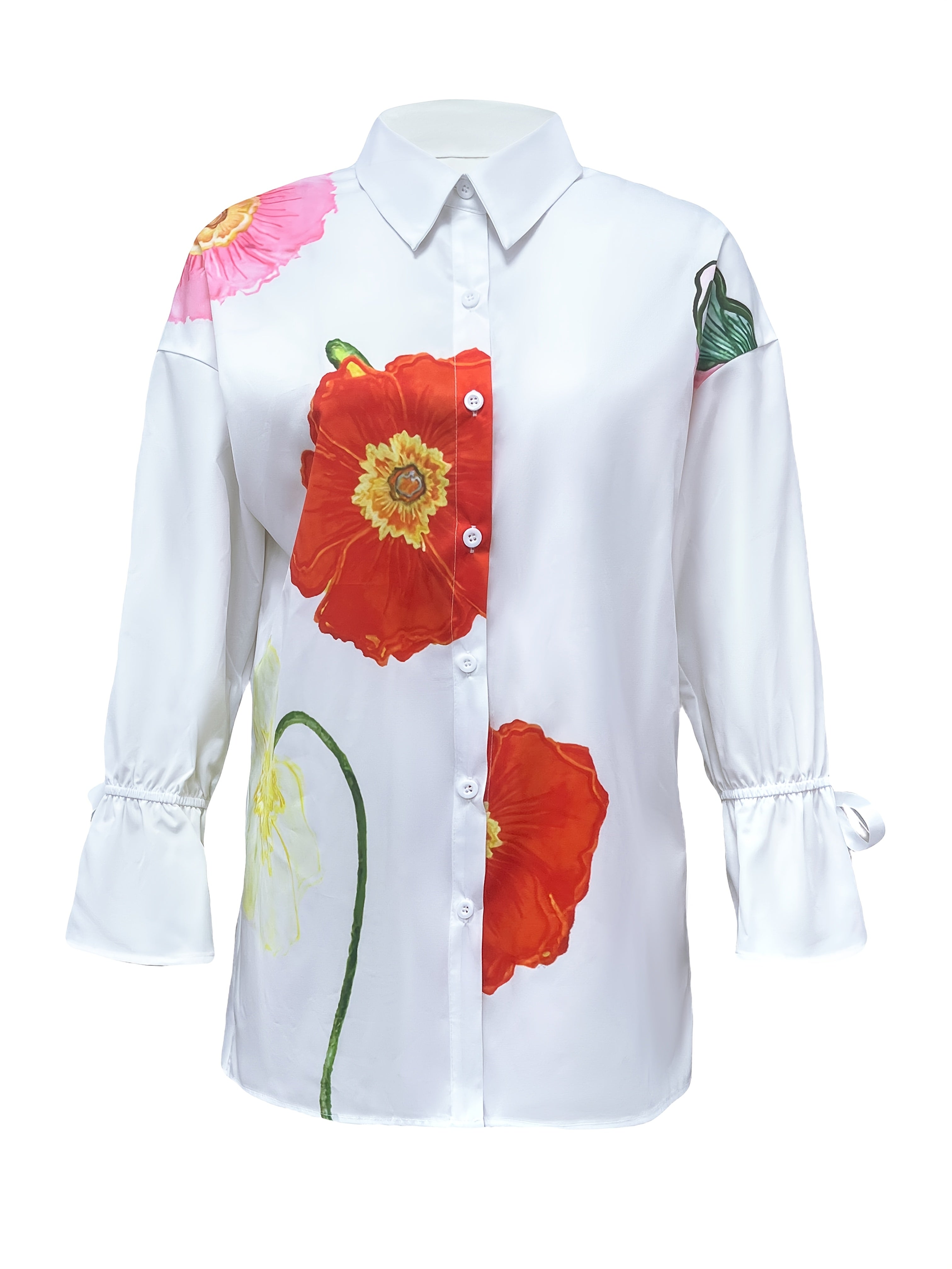 Women's Casual Floral Print Knot Collar Blouse - Long Sleeve, Button-Up Shirt with Vibrant Orange & Green Design, Machine Washable, Perfect for Casual Attire, Ladies Blouses