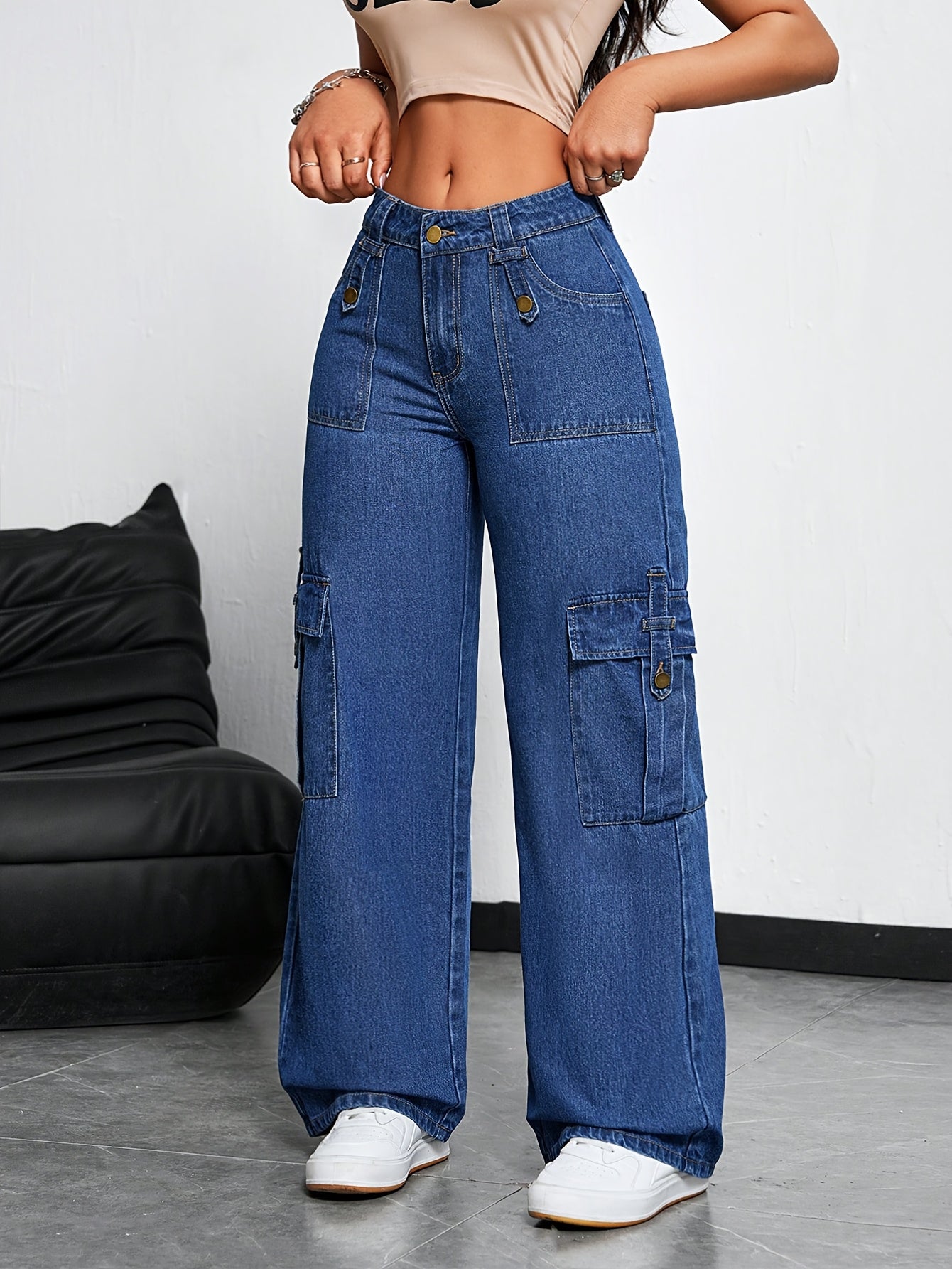 Women'S High-Waisted Cargo Jeans with Multiple Pockets - Stretch Denim, Raw Wash Finish, Straight Leg, Casual Streetwear Style, Blue, Casual Streetwear | Multi-Pocket Design | Comfortable Fit Jeans