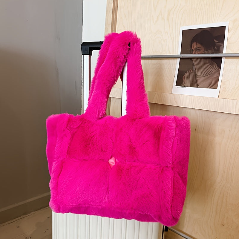 Chic Faux Fur Shoulder Bag for Women - Spacious & Versatile, Magnetic Closure, Faux Leather Lined - Available in Pink, Deep Brown, White, Black