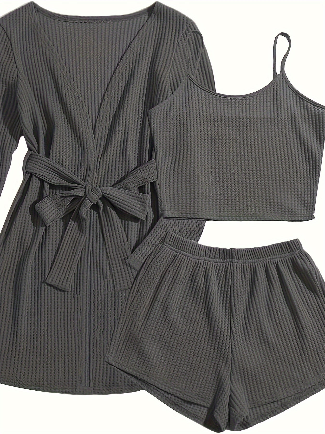 Women's Casual Solid Waffle Lounge Set, Long Sleeve Robe With Belt & Round Neck Backless Crop Cami Top & Shorts, Comfortable Relaxed Fit, Summer Home Wear