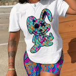 Rabbit Print Casual Shorts Set, Crew Neck Short Sleeve Top & Shorts Outfits For Spring & Summer, Women's Clothing