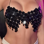 Sexy Sequin Halter Top for Women - V-Neck Backless Nightclub Party Wear, Black Metallic Fabric with Chain Detail, Semi-Sheer Design for a Bold & Glamorous Look