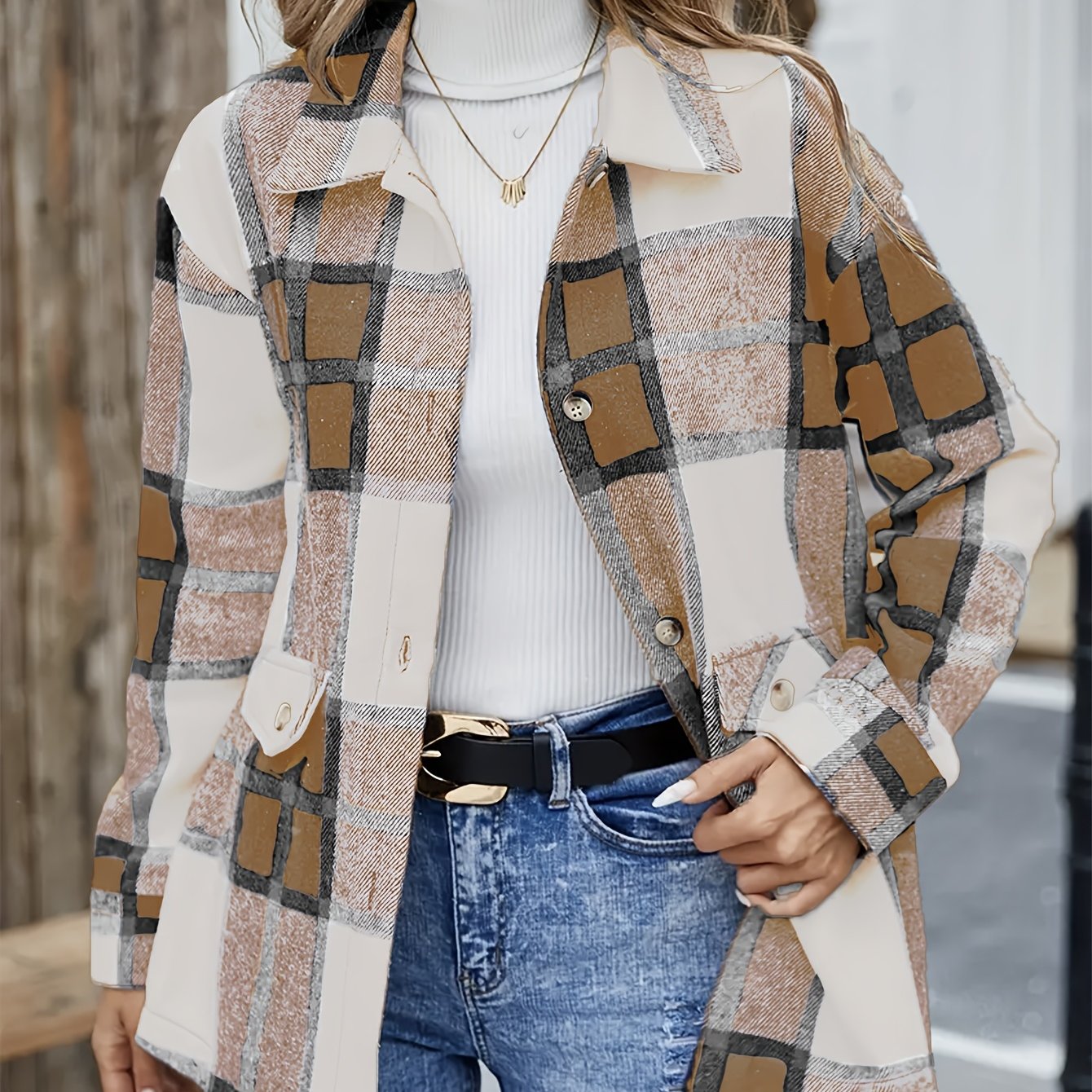 Elegant Plaid Long Sleeve Shirt, Women'S Blue, Polyester, Lapel Collar, Woven, 120gsm, for Spring/Summer