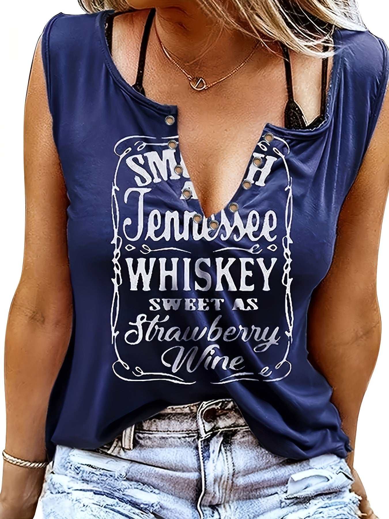 Ladies' Fun Alphabet Print V-Neck Sleeveless T-Shirt - Polyester, Casual Style, Machine Washable, Lightweight & Comfortable for Casual Attire, Ladies T Shirts