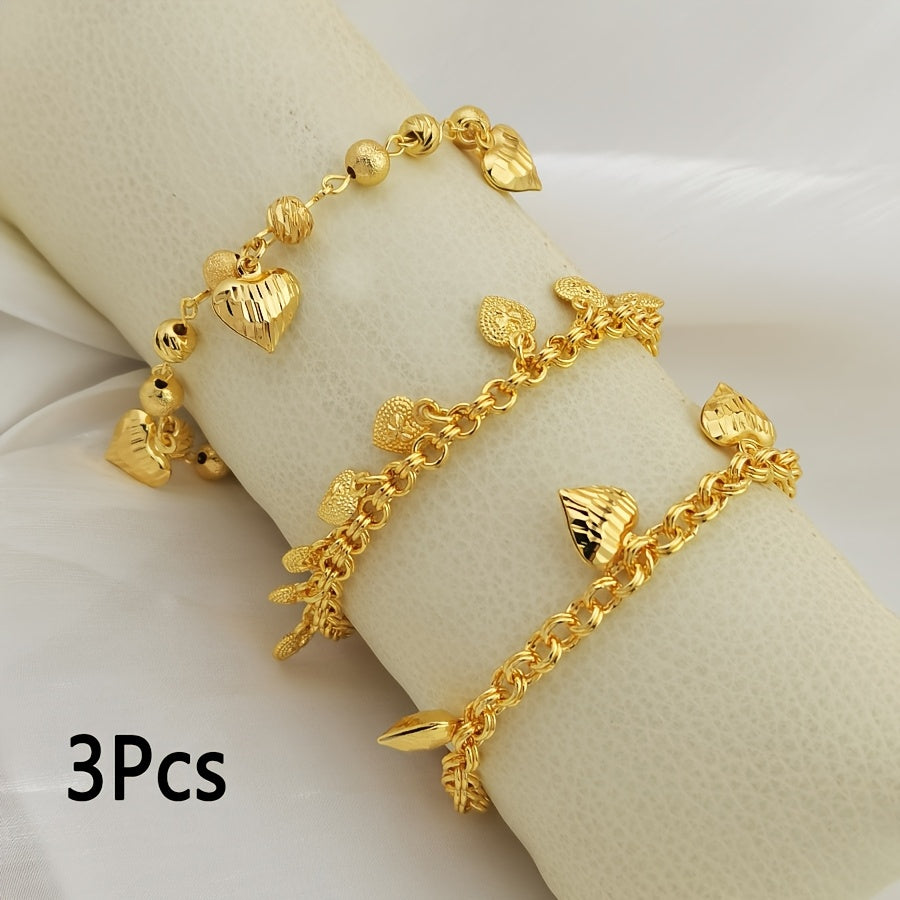 3pcs Luxurious Golden-Toned Heart Pendant Bracelet Set for Women - Boho Chic Style, Ideal for Weddings, Birthdays, Parties, Valentine's & Ramadan Gifts, Jewelry Set