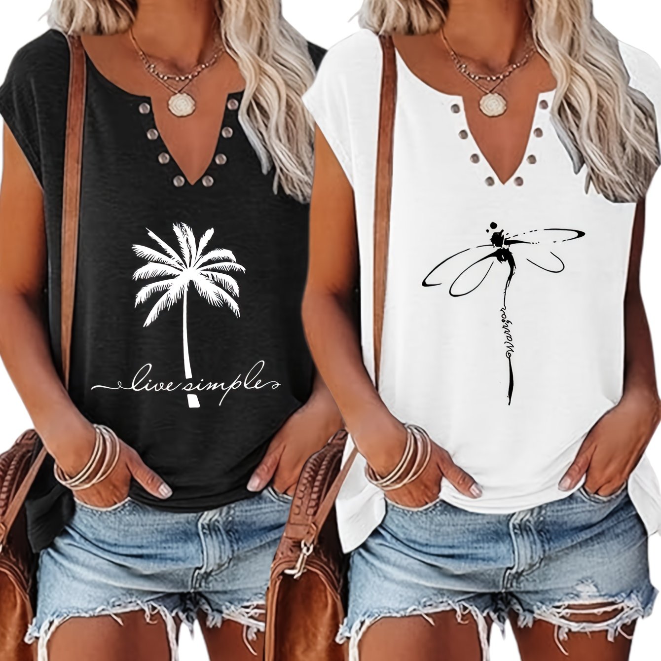 European & American Fashion Two-Piece Set – Printed V-Neck Button Vest & Matching Casual Bottoms, Lightweight Polyester-Rayon Blend