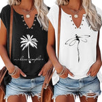 European & American Fashion Two-Piece Set – Printed V-Neck Button Vest & Matching Casual Bottoms, Lightweight Polyester-Rayon Blend