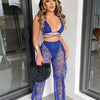 Women's Elegant Blue Lace Two-Piece Set - Off-Shoulder Crop Top & High-Waisted Pants, Breathable Polyester/Spandex Blend, Perfect for Spring/Summer Fashion, Spring Fashion Outfit|Feminine Apparel|Delicate Lace Texture
